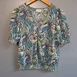 Melloday Womens M Paisley V-Neck Smocked Hem Blouse Blue Pink Fairy Feminine